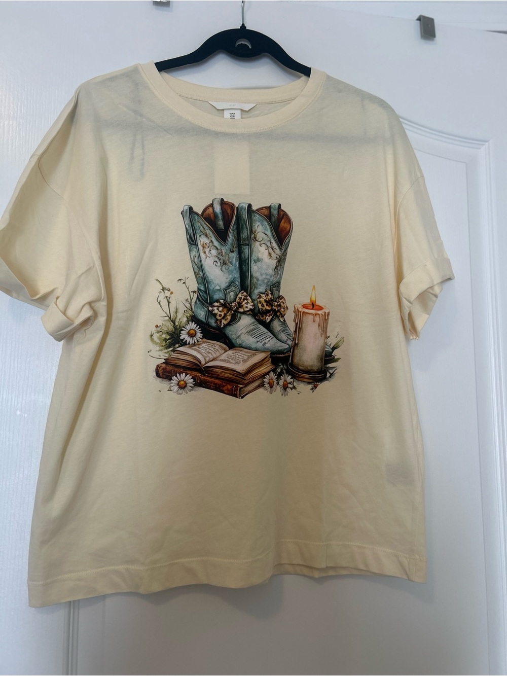 Cream Short Sleeve Graphic Tee with Cowboy Boots Print